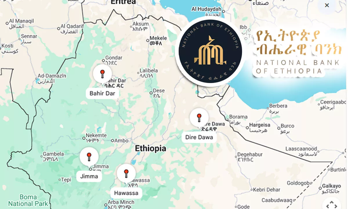 Construction site of the National Bank of Ethiopia regional branch and map of Ethiopia's financial hubs.