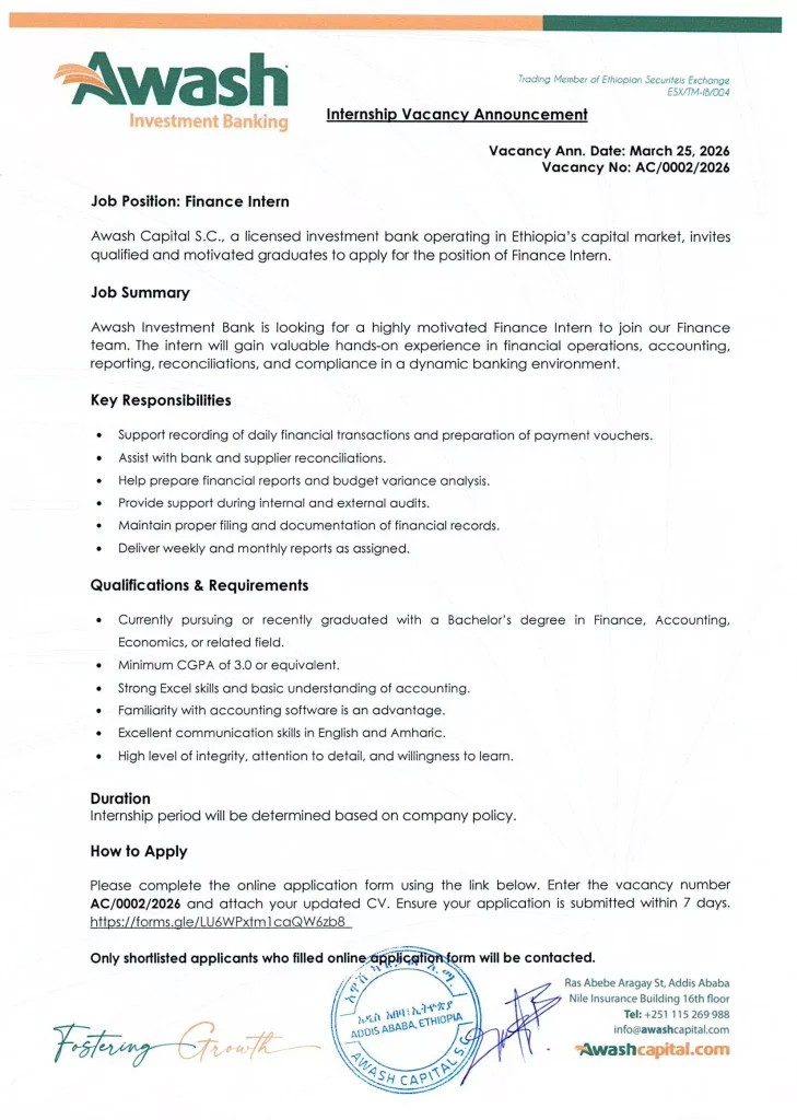 Finance Internships in Ethiopia 2026
